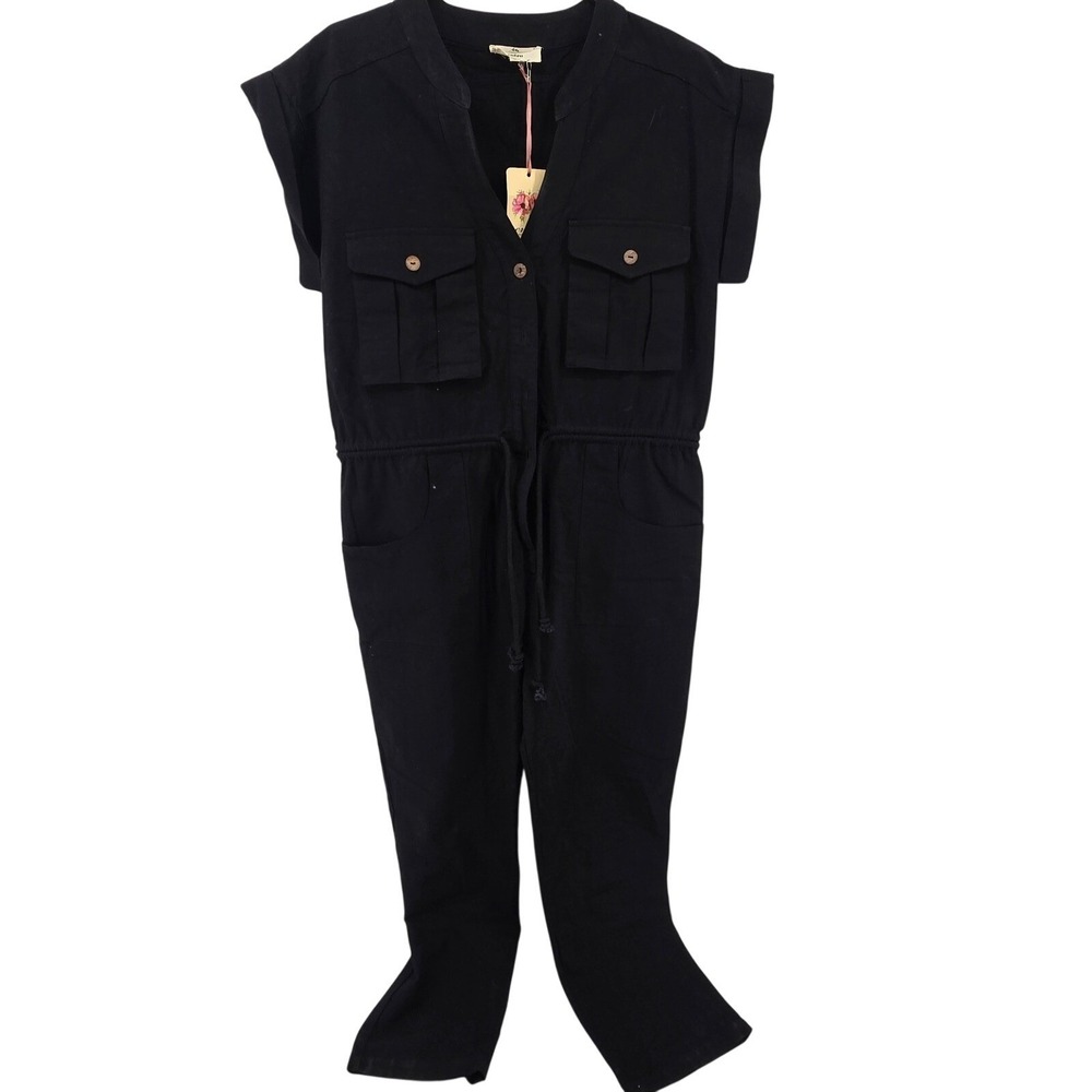 Entro Jumpsuit Women Small Black Off The Beaten Path Utility Cotton Cargo Pocket
